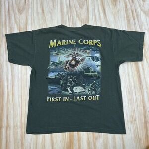 U.S. Marine Corps 1st In Last Out Olive Green USMC Adult T-shirt Large